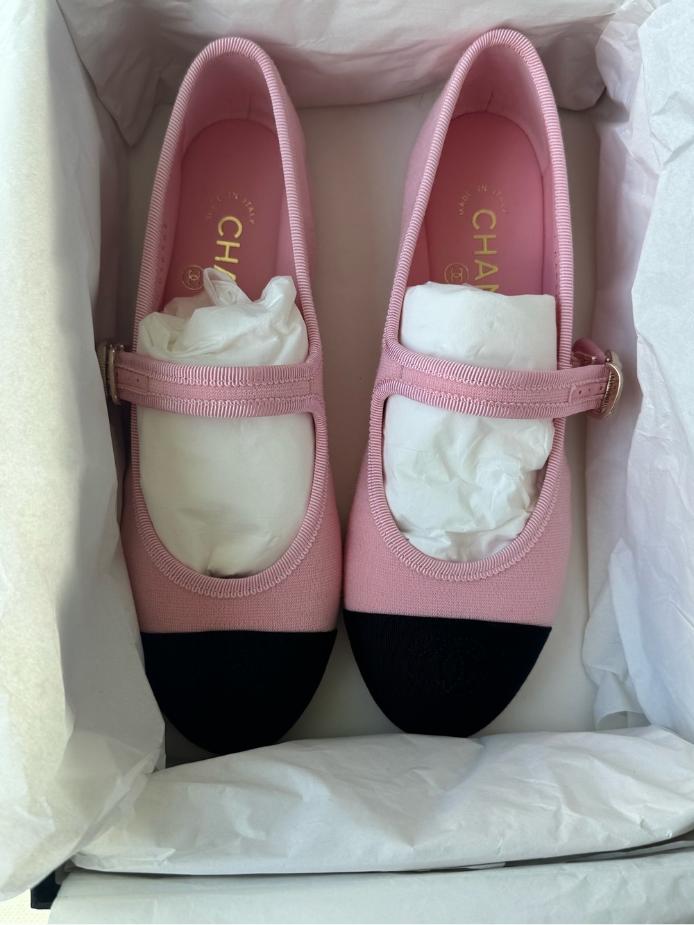 CHANEL Pink and Black Mary Jane flats